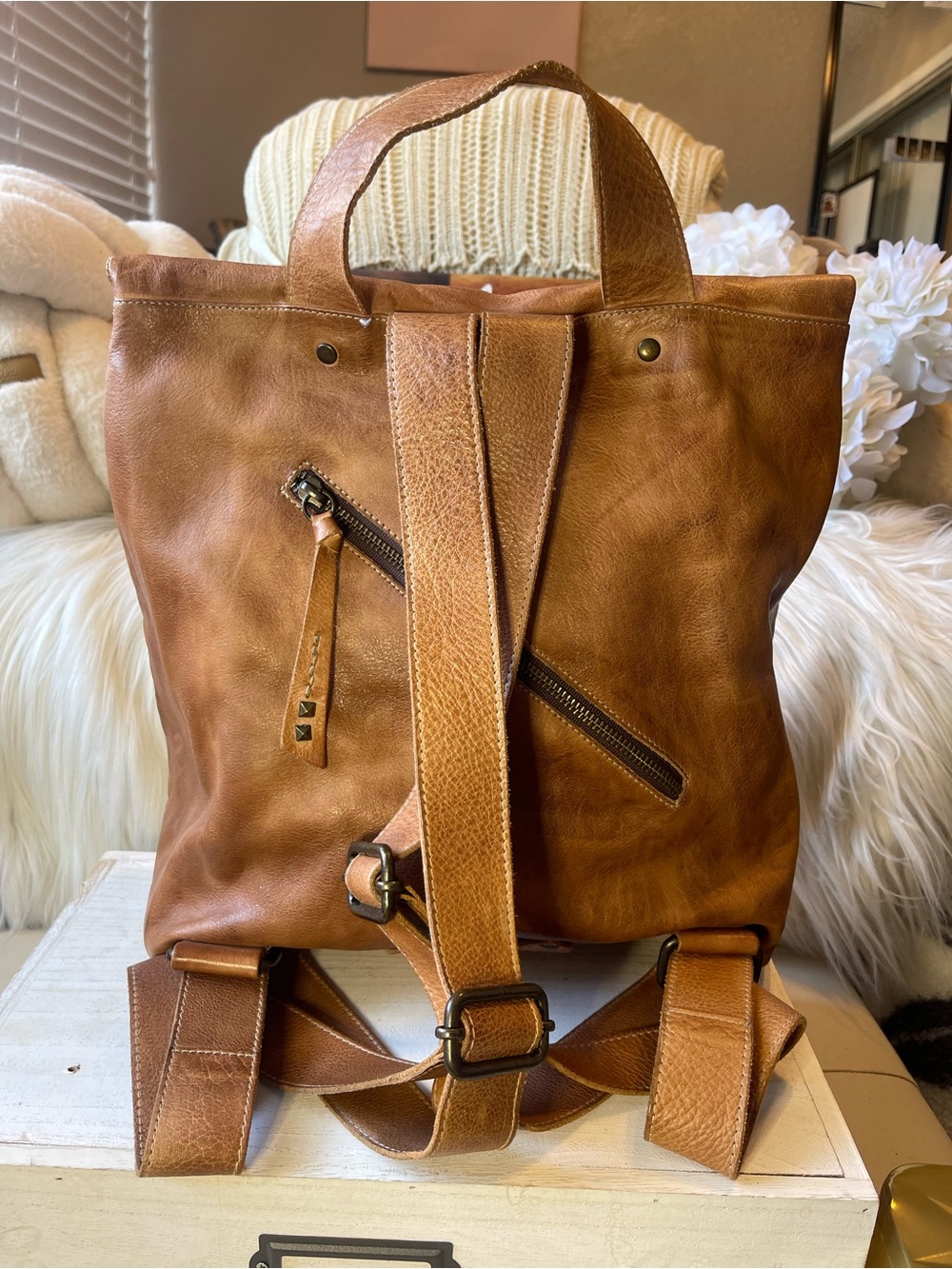 NWT Bed Stu Leather Howie Flapover Leather Backpack Tan Rustic Retail $365 - Picture 3 of 11